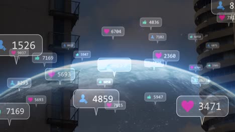 Animation-Von-Social-Media-Symbolen-über-Den-Globus-Und-Das-Stadtbild