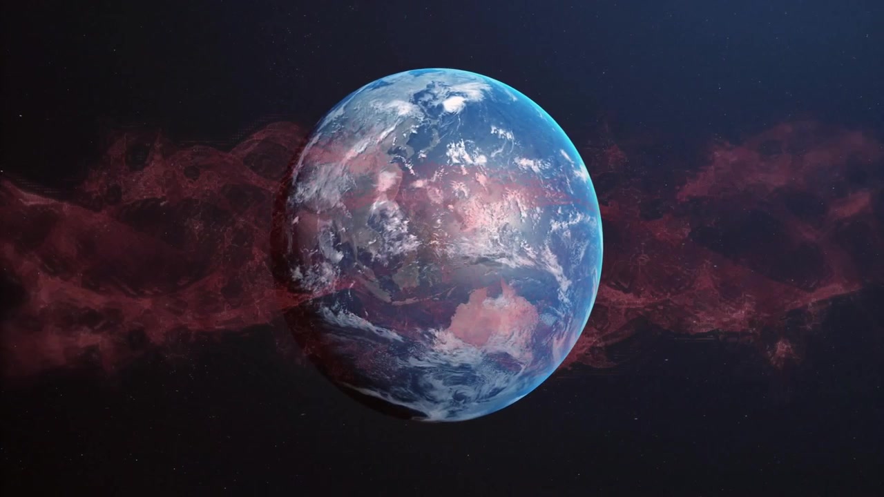 Nebulosa rossa che emerge da sinistra mentre un pianeta blu ruota lentamente, avvolgendo l'equatore per inquadrare il globo.