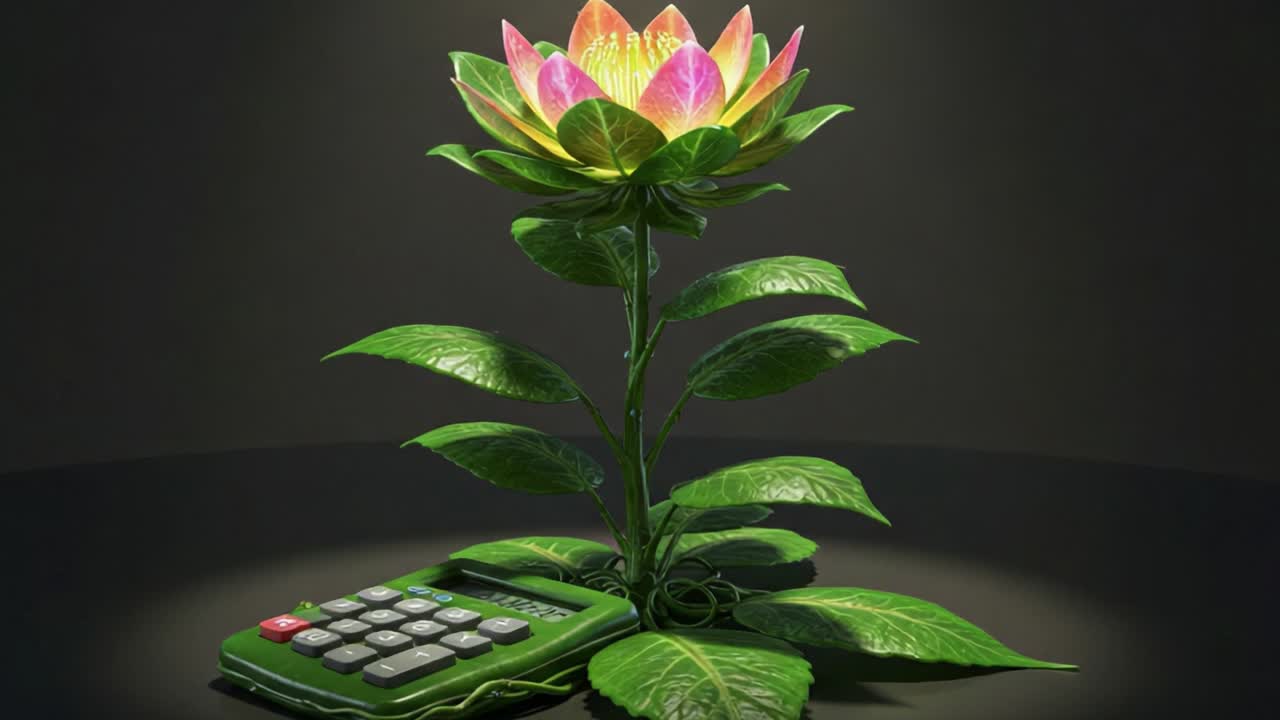 A Stunning Fusion of Nature and Technology: A Captivating Flower with Colorful Petals Grows from a Calculator Base, Symbolizing Innovation and Growth