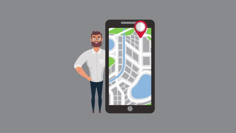 hombre y teléfono inteligente con aplicación de tecnología gps