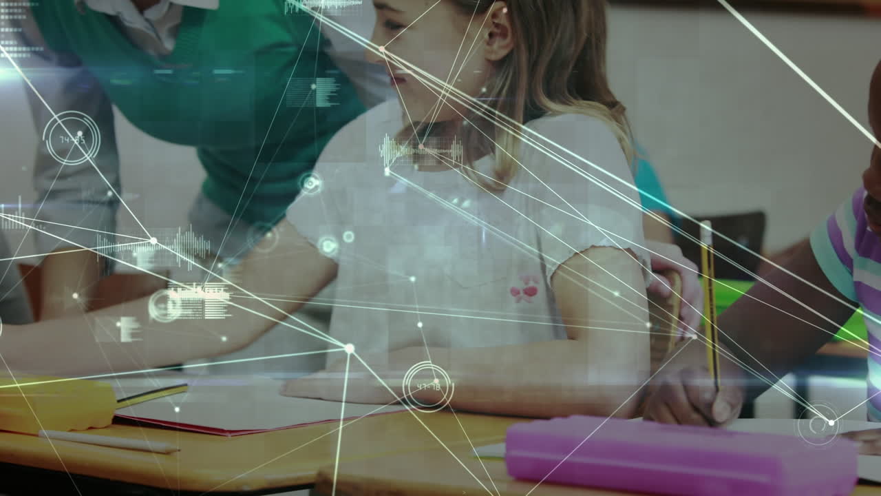 animación de la red de conexiones entre diversos escolares que aprenden en el aula