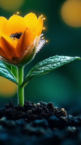 bright yellow flower blooms in dark soil. a striking yellow flower grows from black soil, with vibrant bokeh lights creating a magical background effect.