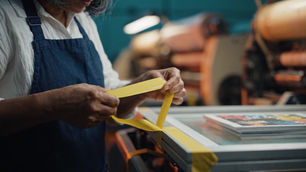 Artisan Engaged in Precision Work with Yellow Tape While Preparing Materials in a Print Shop for a Creative Project Focused on Craftsmanship and Detail