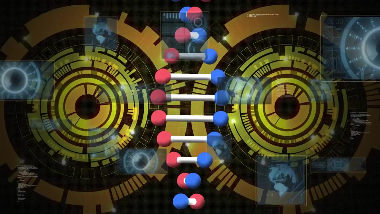 Animation of dna strand spinning over people dancing and music concert