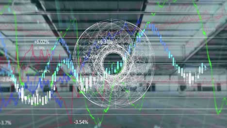 forma geométrica abstracta y procesamiento de datos financieros contra una oficina vacía