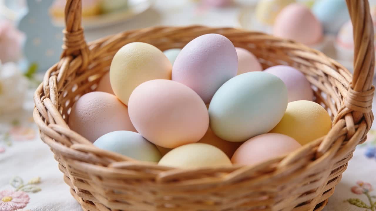 Zooming camera pushing in on wicker basket on kitchen table, revealing pastel eggs and floral cloth