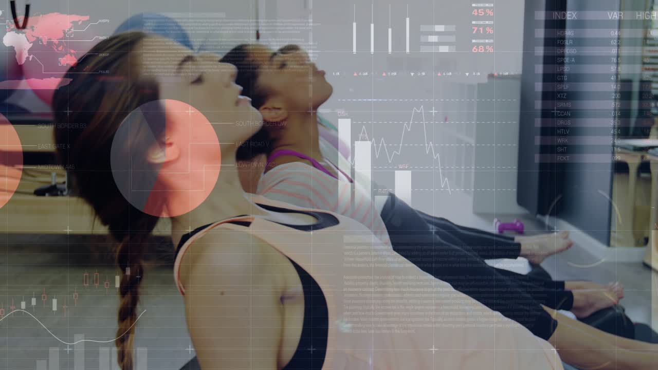 Four women holding bridge pose, camera panning and moving charts guiding leg extensions for fitness