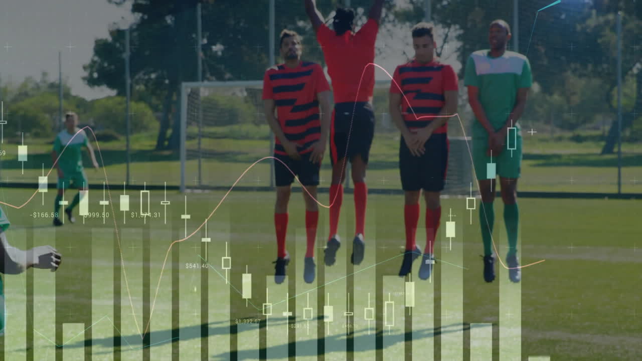 Animation of data processing over diverse soccer players playing at stadium