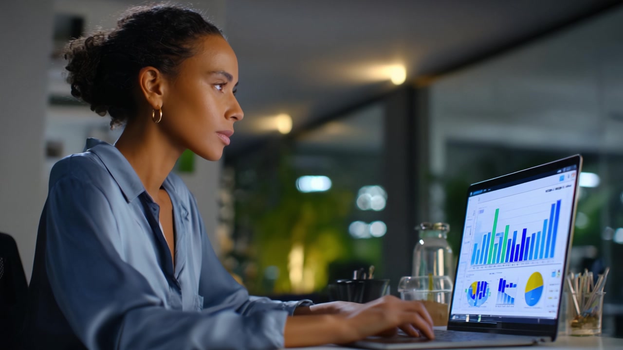 Focused Professional Analyzing Data Trends on Laptop During Evening Hours, Utilizing Graphs and Charts to Enhance Business Insights and Performance Metrics