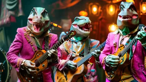 a group of dinosaurs dressed in suits playing guitars and singing