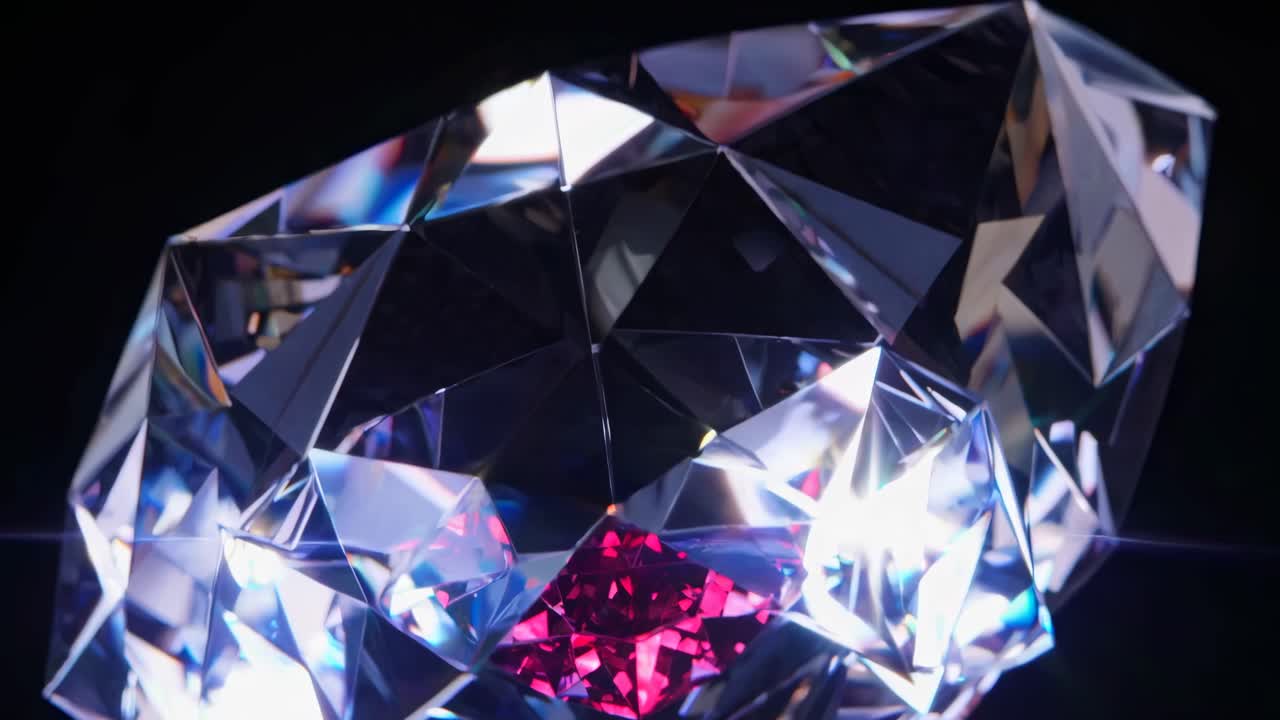 Close-up video of a sparkling diamond with a red gem inside, shot from a low angle