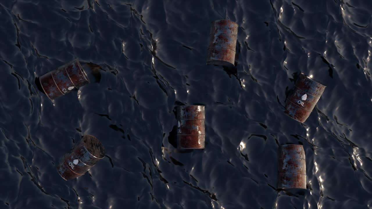 Barili di petrolio che galleggiano in acqua inquinata dell'oceano