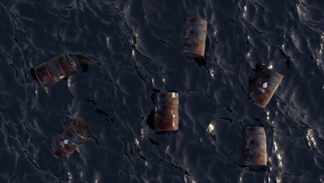 oil barrels floating in polluted ocean water