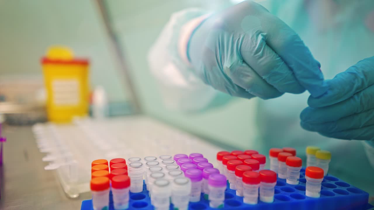 Laboratory worker in protective gloves is checking test tubes. Vials with liquid with colorful covers on a support in a laboratory.