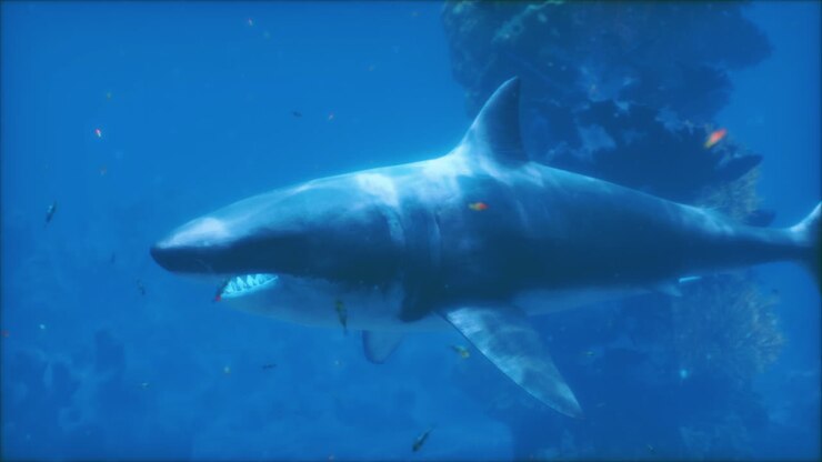 Great white shark swimming near coral reef in clear ocean waters