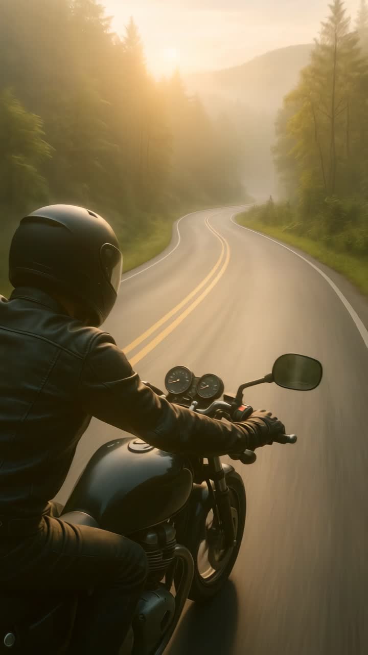 A motorcyclist rides through a misty forest at sunrise. Captured from a rear angle, the video