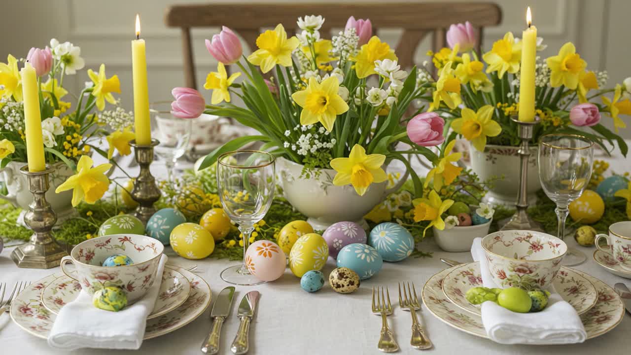 Spring Celebration Table Setting with Colorful Easter Eggs, Vibrant Flowers, and Elegant Decor for a Joyful Festive Gathering