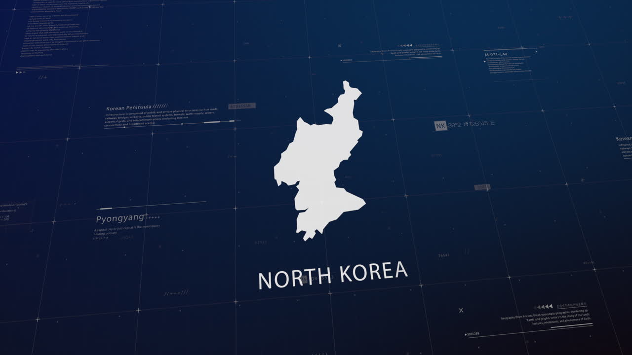 North Korea country map comes to life with cinematic panning, unveiling key details, the capital, and slogan, providing an engaging background for corporate and commercial use