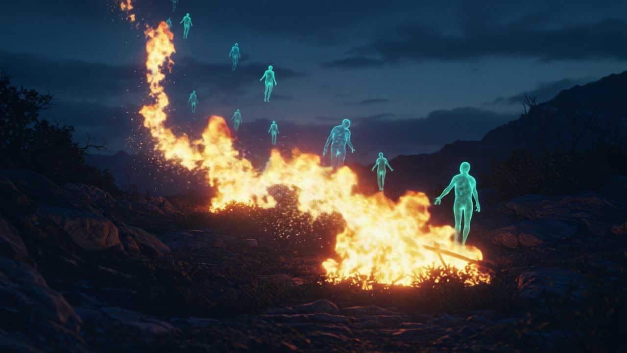 A mesmerizing scene featuring glowing figures emerging from a vibrant fire, creating a mystical atmosphere amid the darkening landscape, evoking a sense of wonder and intrigue