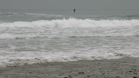a lone paddle boarder rides the waves in encinitas, california during an overcast morning.