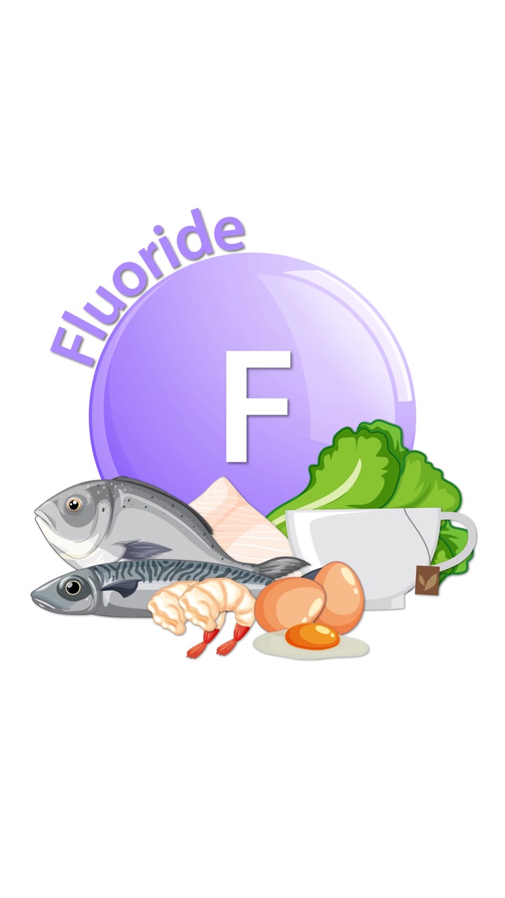 Un'animazione fluida rivela un simbolo lucido del fluoro, gradualmente circondato da fonti alimentari illustrate come pesce, uova, gamberetti, verdure a foglia verde e tofu su uno sfondo bianco