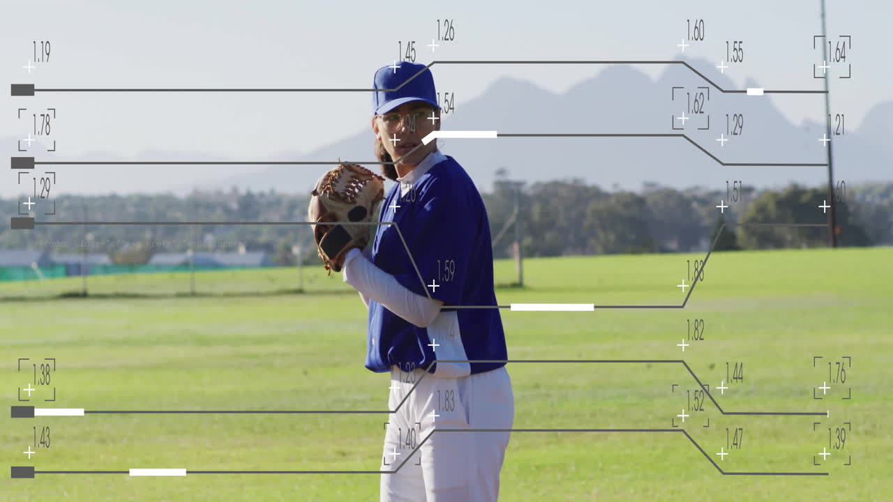 Female athlete preparing pitch on baseball field, with animated speed gauge and technology overlays