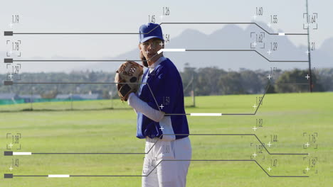 female athlete preparing pitch on baseball field, with animated speed gauge and technology overlays