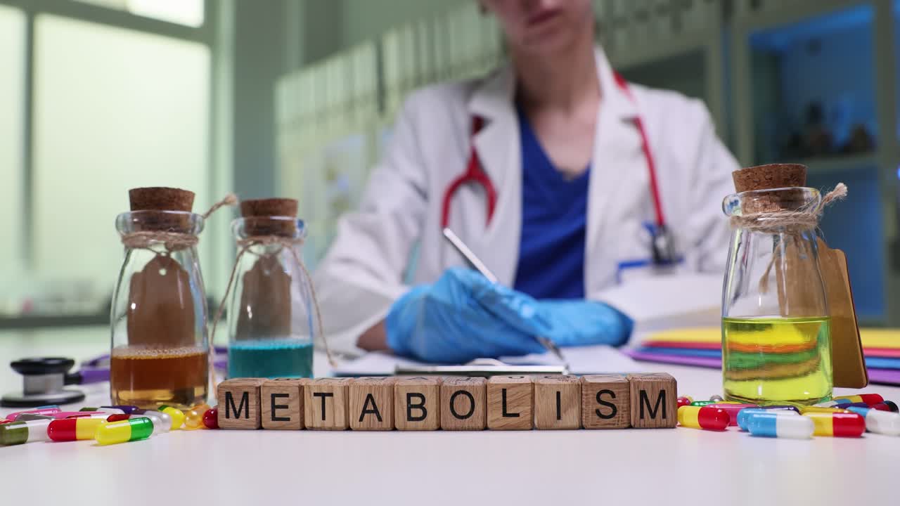 Metabolism concept with a medical professional and various pills in a lab setting