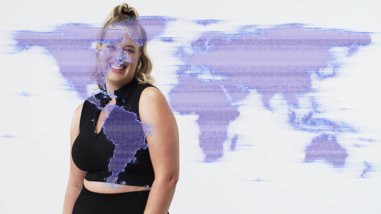 Woman shifting pose for marketing, purple map projection flickering causing glitch overlay on face
