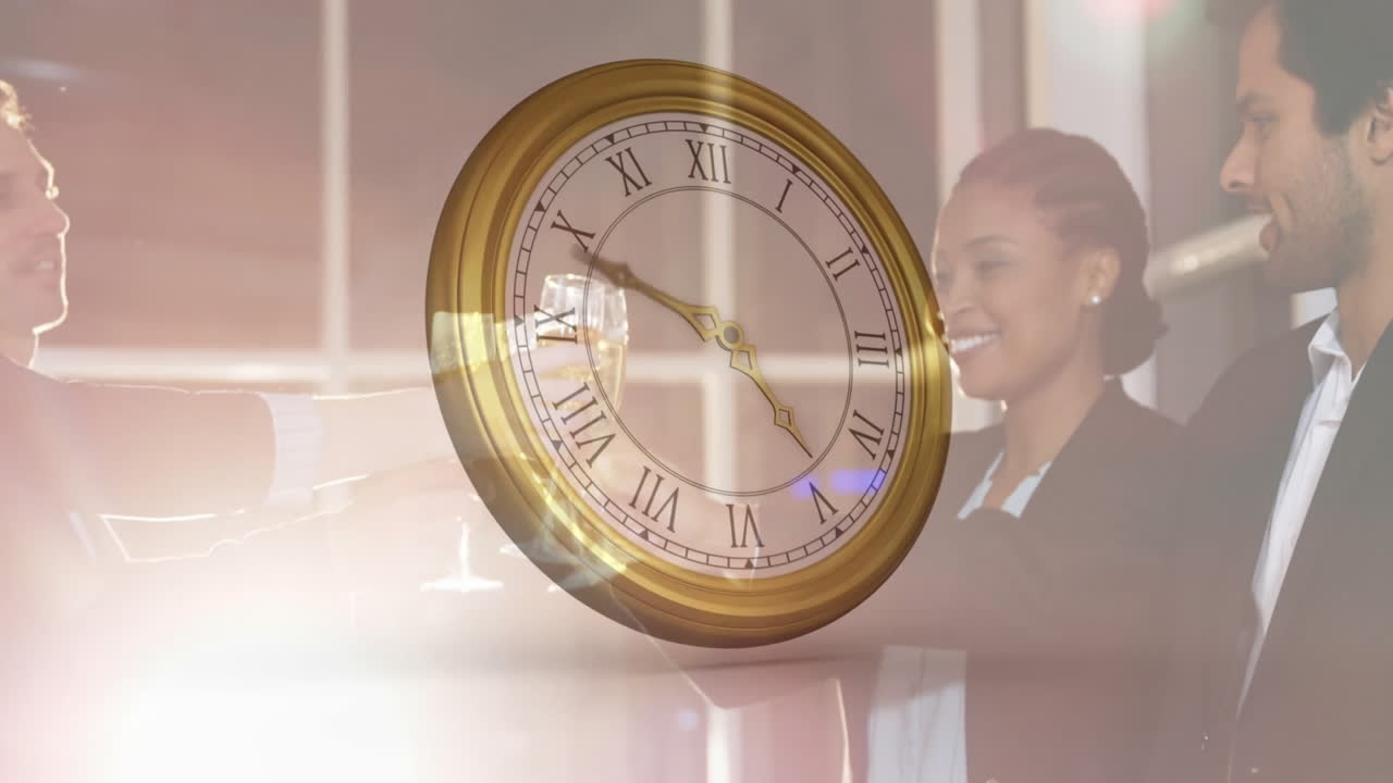 Clock face animation over diverse business people toasting with champagne glasses