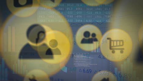 iconos que representan la interacción social y la animación de compras sobre los datos financieros