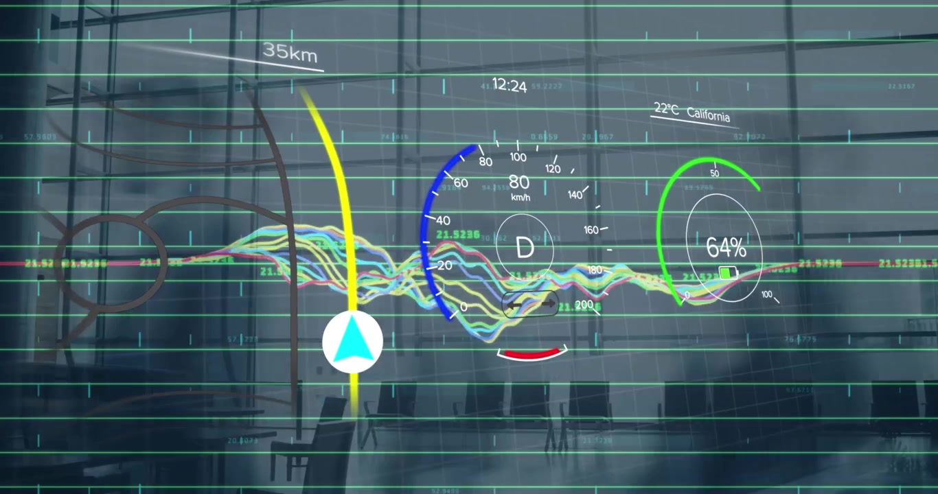 Animation of infographic interface with multicolored graphs over time-lapse of people walking