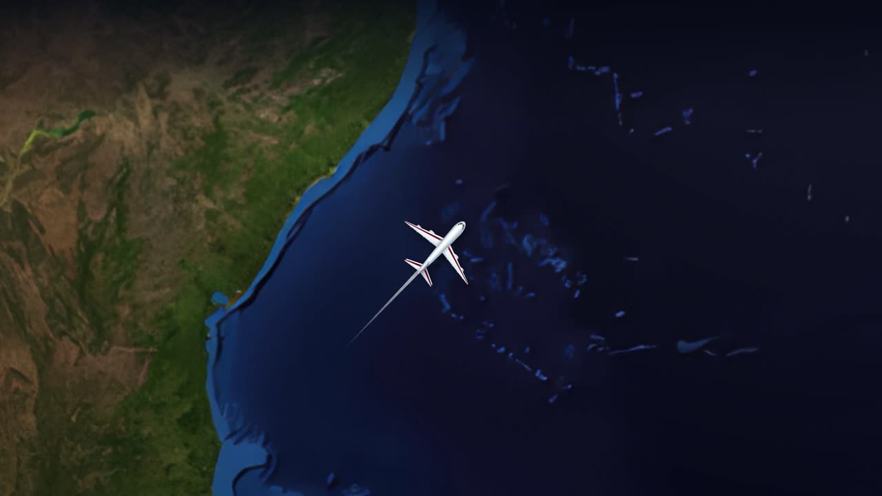 Satellite view animation follows a commercial airplane flying from South America to the Middle East