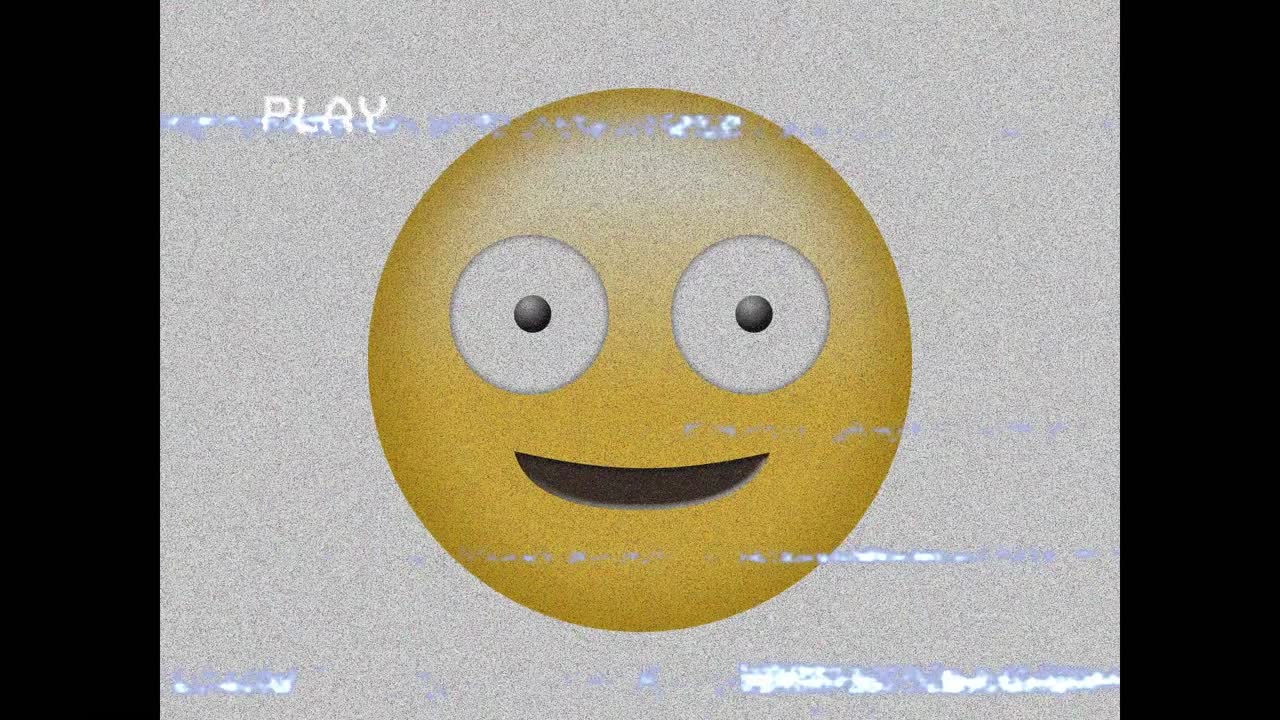 Digital animation of vhs glitch effect against silly face emoji on grey background