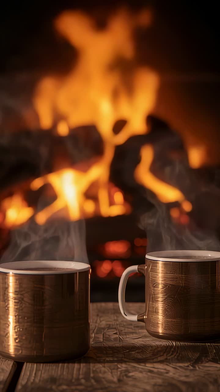 Vertical video: Flames flickering above logs, smoke rising around copper mugs on tabletop at home