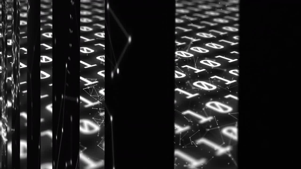 Animation of data processing and shapes on black background