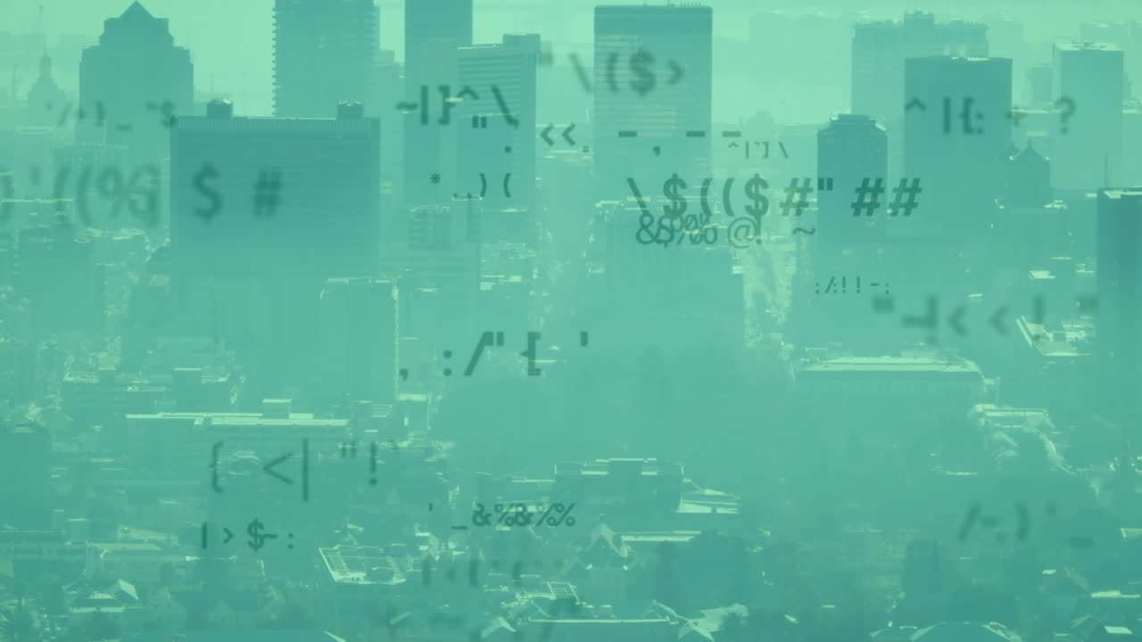 도시 풍경의 공중 전망에 대한 여러 가지 변화하는 기호의 애니메이션