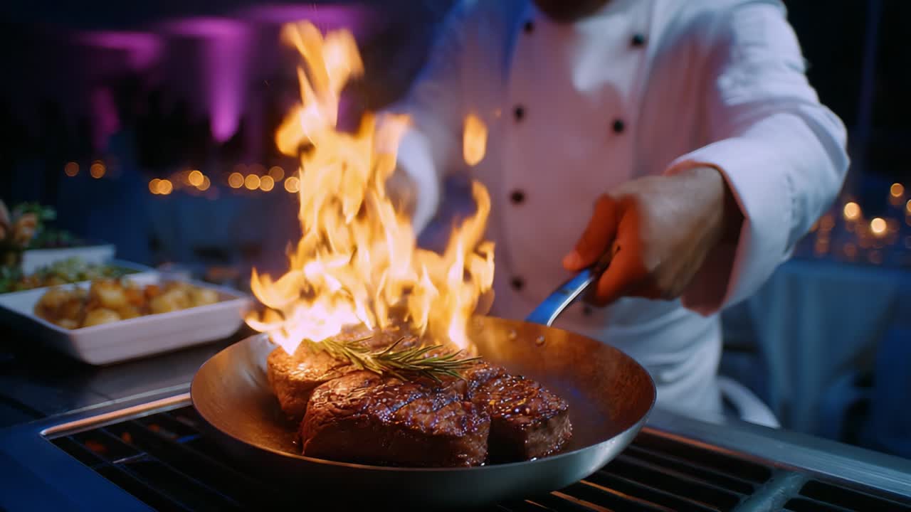 Uno chef esegue abilmente la tecnica flambé su succose bistecche, creando un'esperienza culinaria accattivante con fiamme ed erbe aromatiche in un ambiente gastronomico