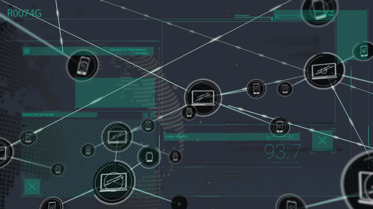 procesamiento de datos y animación de conexiones de red en el fondo de la interfaz digital