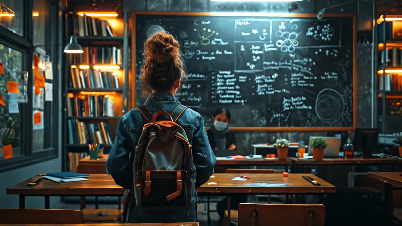 Studente alla lavagna in classe. Uno studente guarda la lavagna della classe piena di scritte. Un insegnante è visibile sullo sfondo.