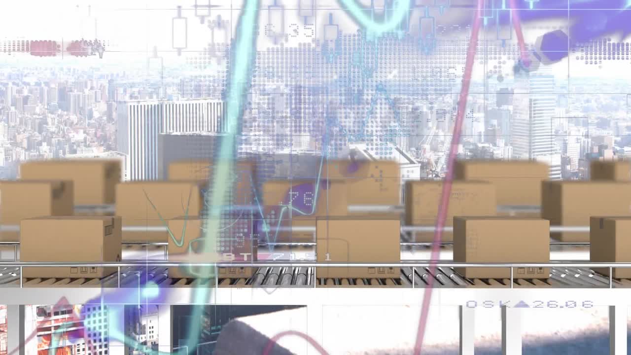 컨베이어 벨트에 있는 카드보드 상자 위에서 통계 처리의 애니메이션