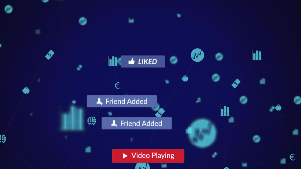 파란색 배경 위에 떨어지는 소셜 미디어 아이콘과 이모티콘의 애니메이션