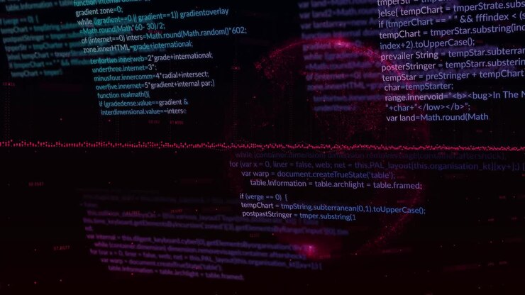Animation of computer language, graphs, globe and changing numbers over black background