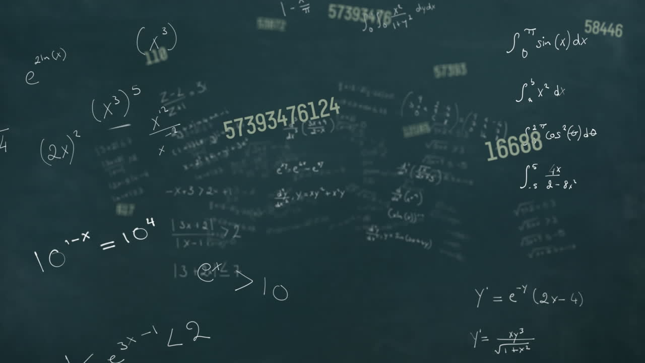 Animation of numbers and mathematical equations on black background