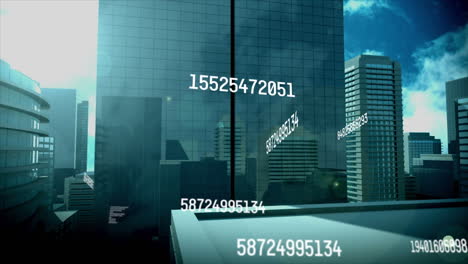 animation of multiple countdowns, alphabets and passwords over buildings against cloudy sky