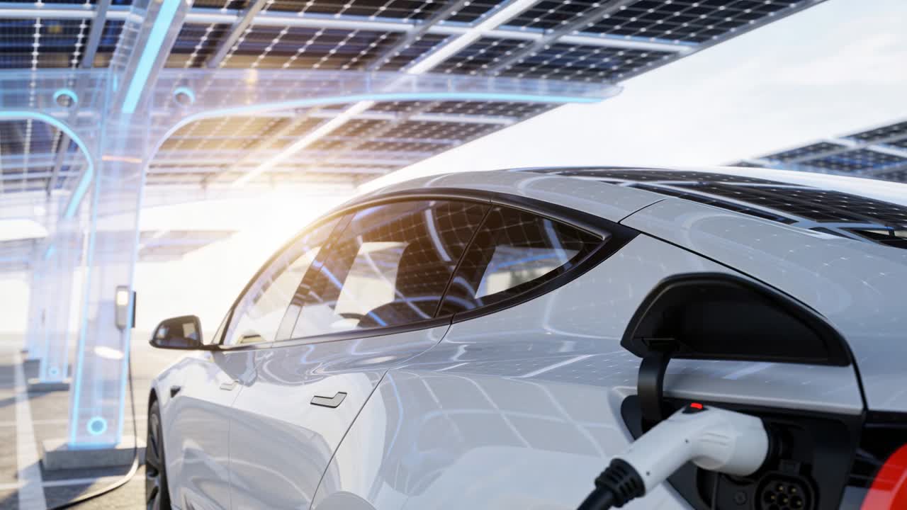 Dikey video: Güneşin parlaklığı ve değişen ışıltısıyla, şarj olmak için güneş enerjisi kanopisi altında fişle şarj olan elektrikli araç.