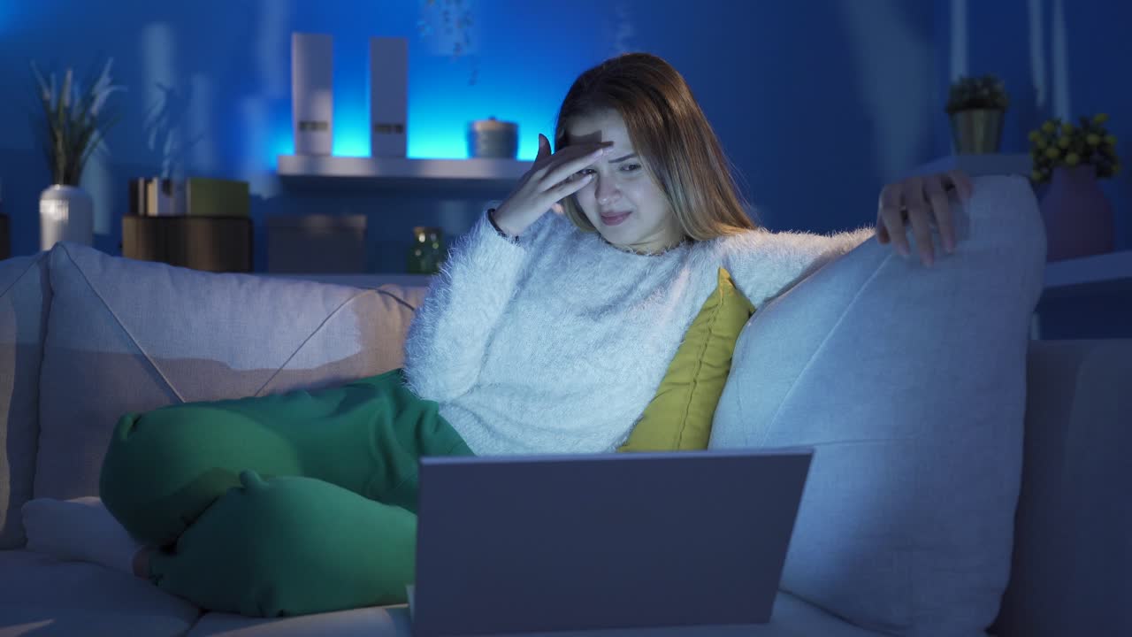 una joven que ve horror y thriller está asustada.