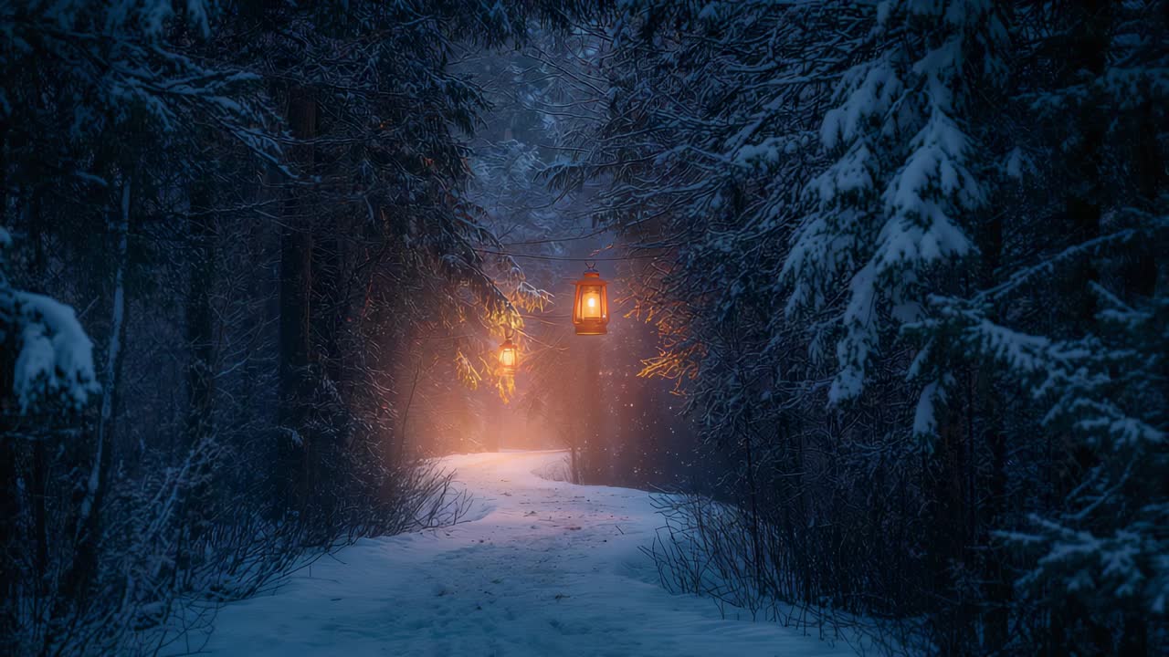 Välkkyvä riippulyhty levittää lämmintä valoa lumiselle metsäpolulle paljastaen sumun ja jäljet