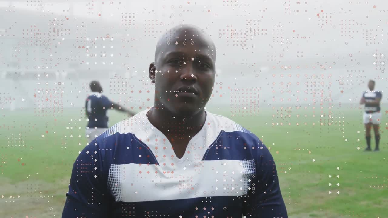 Animation of spots over male rugby players at stadium
