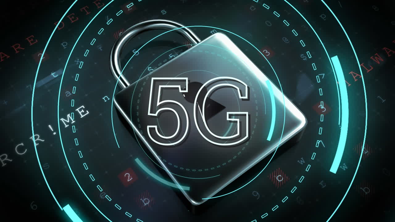 cerradura y 5g escrito en el medio de un círculo futurista